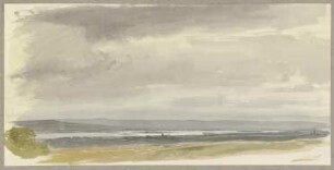 Ebene, in der Ferne ein Höhenzug, davor ein Gewässer (Mittelrheinlandschaft?)