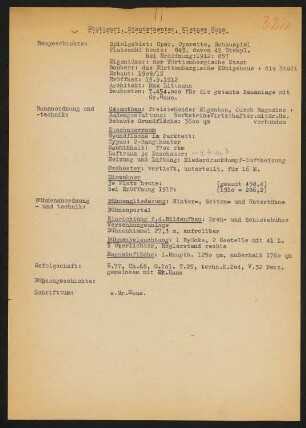 Königliches Hoftheater kleines Haus, Stuttgart: Schriftstück zum Fragebogen für das Handbuch »Das Deutsche Theater«, zwei Seiten