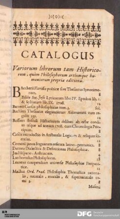 Catalogus Variorum librorum tam Historicorum, quam Philosophorum artiumque humaniorum propriæ editionis
