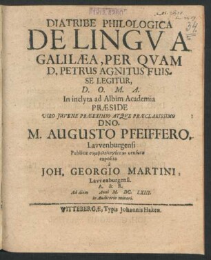 Diatribe Philologica De Lingua Galilaea, Per Quam D. Petrus Agnitus Fuisse Legitur