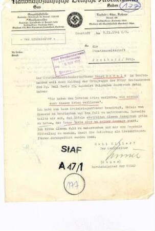 Angeklagter: Häfele, Ernst Wilhelm (Erbhofbauer); Grafenhausen *13.01.1893 in Grafenhausen; + ? Delikt: Verbrechen gegen die Kriegssonderstrafrechtsverordnung Tatort: Grafenhausen Tatzeit: September 1941