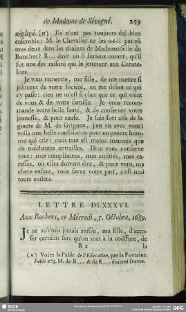 Lettre DLXXXVI. Aux Rochers, ce Mécredi, 5. Octobre, 1689