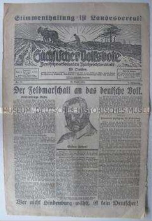 Deutschnationale Wochenzeitung "Sächsischer Volksbote" zur Reichspräsidentenwahl 1925