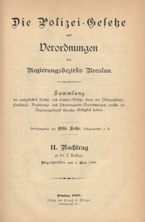 Nachtr., 2: Die Polizei-Gesetze und Verordnungen des Regierungsbezirks Breslau