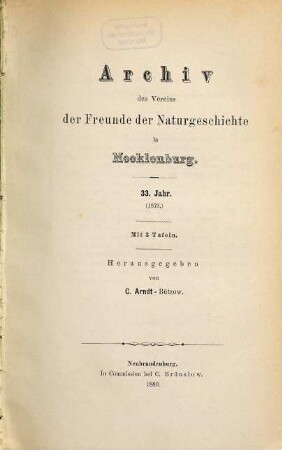 Archiv des Vereins der Freunde der Naturgeschichte in Mecklenburg. 33. 1879 (1880)