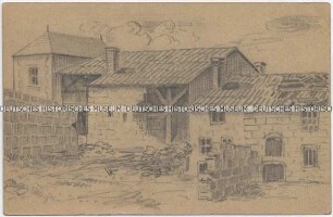 Zerstörtes Gebäude in Hauviné, handgezeichnete Postkarte von der französischen Front