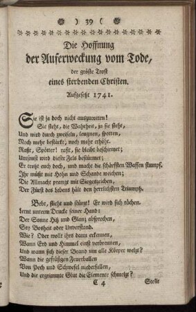 Die Hoffnung der Auferweckung vom Tode, der gröste Trost eines sterbenden Christen.