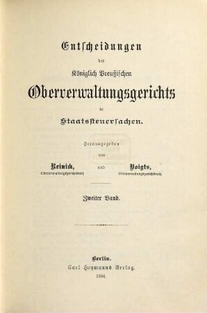 Entscheidungen des Preussischen Oberverwaltungsgerichts in Staatssteuersachen. 2. 1894