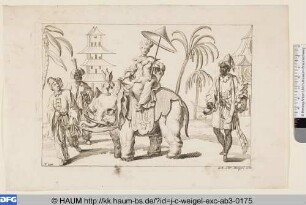 Frau mit Sonnenschirm und Federschmuck auf Elefant reitend mit drei Dienern