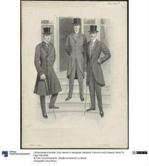 Drei Herren in eleganter Kleidung: Gehrock und Cutaway