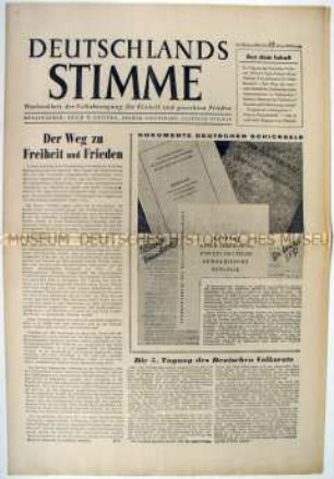 Wochenzeitung der "Volksbewegung für Einheit und gerechten Frieden" u.a. zur 5. Tagung des Deutschen Volksrates und zur Gleichberechtigung der Frau