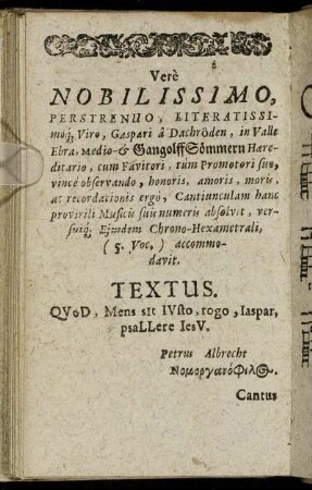 Vere Nobilissimo ... Gaspari a Dachröden ... Gangolff Sömmern Haereditario ...