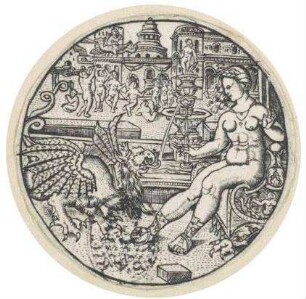 Eine nackte Königin auf einem Thron, von einem Drachen bedroht