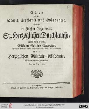 Säze aus der Statik, Mechanik und Hydrostatik