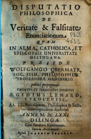 Disputatio philosophica de veritate & falsitate enunciationum