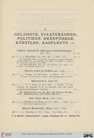 V. Gelehrte, Staatsmänner, Politiker, Heerführer, Künstler, Kaufleute etc. (Nr. 382 - 480)