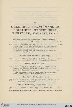 V. Gelehrte, Staatsmänner, Politiker, Heerführer, Künstler, Kaufleute etc. (Nr. 382 - 480)
