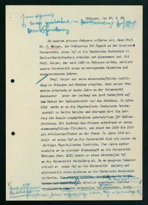 1r-3v, Mitteilung über Geigers Annahme d. Rufes an die Technische Hochschule in Berlin - Charlottenburg (30.06.1936)