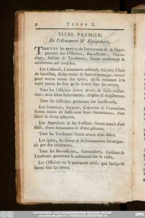 Titre Premier. De l'Armement & Equipement.