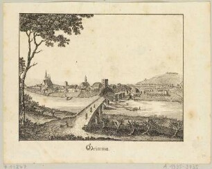 Grimma südöstlich von Leipzig mit der Pöppelmannbrücke, der Augustinerkirche und dem Schloss, Blick über die Mulde aus nordöstlicher Richtung