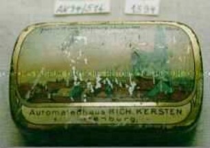 Automaten-Blechdose "Automatenhaus RICH. KERSTEN Altenburg" (Abbildung Zeppelin über Stadt fliegend)