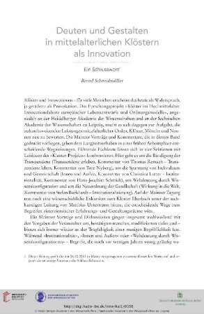 Deuten und Gestalten in mittelalterlichen Klöstern als Innovation: Ein Schlusswort