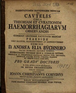 Dissertationem Inavgvralem Medicam De Cavtelis Circa Theoriam Et Cvrationem Haemorrhagiarvm Observandis