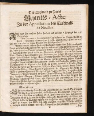 Des Capittels zu Paris Beytritts-Acte Zu der Appellation des Cardinals de Noailles.