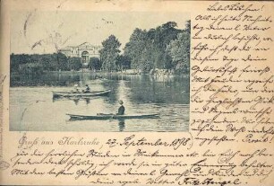 Postkartenalbum. "Gruss aus Karlsruhe". Stadtgartensee mit Festhalle