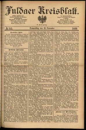 Erste Ausgabe vom Donnerstag, den 30. November 1899.