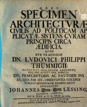 Specimen architecturae civilis ad politicam applicatae, sistens curam principis circa aedificia