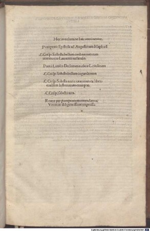 Opera : mit Vita Sallustii und Widmungsbrief an Augustinus Maffeius von Julius Pomponius