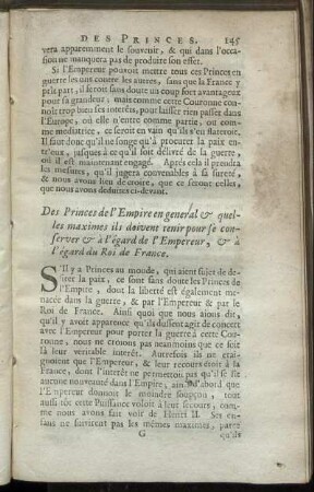 Des Princes de l’Empire en general & quelles maximes ils doivent tenir pour se conserver & à l’égard de l’Empereur, & à l’égard du Roi de France