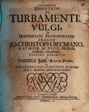 Dissertatio De Turbamentis Vulgi