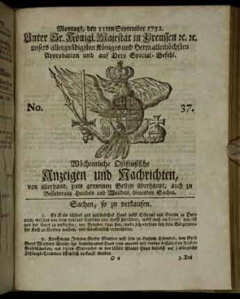 No. 37. Montags, den 11ten September 1752.