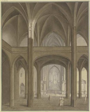 Blick auf Lettner und Chor einer gotischen Kirche mit Renaissance-Altären und Staffagefiguren im Kostüm des 17. Jahrhunderts