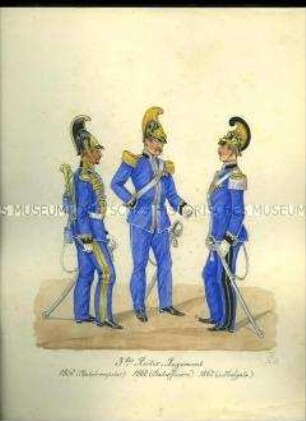 Uniformdarstellung, Stabstrompeter, Stabsoffiziere des 3. Reiter-Regiments, Sachsen, 1860/1867.