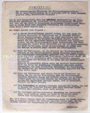 Maschinenschriftliche Abschrift einer in Paris verabschiedenen Resolution des Internationalen Ausschusses zur Aufklärung des Reichstagsbrandes
