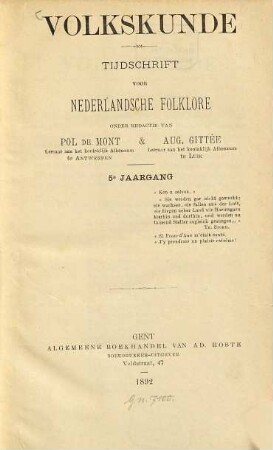 Volkskunde : tijdschrift over de cultuur van het dagelijks leven. 5. 1892