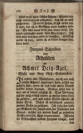 Zweytes Schreiben von Athaliden an Achmet Dely-Azet, Bassa von drey Roß-Schweiffen.