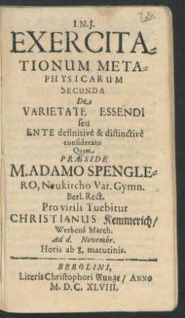 Exercitationum Metaphysicarum Secunda De Varietate Essendi seu Ente definitive & distinctive considerato