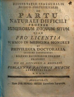 Dissertatio Inauguralis Medico-Obstetricalis De Partu Naturali Difficili Propter Humerorum Iniquum Situm