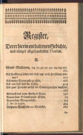 Register derer hierin enthaltenen Gedichte, und einiger abgehandelten Themat