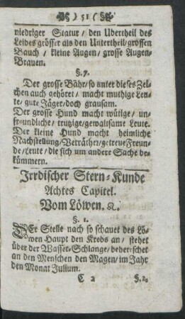 Irrdischer Stern-Kunde Achtes Capitel. Vom Löwen