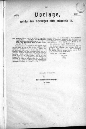 Anlagen: (352), Vorlagen, welche den Zeitungen nich mitgeteilt sind, 08. April 1921
