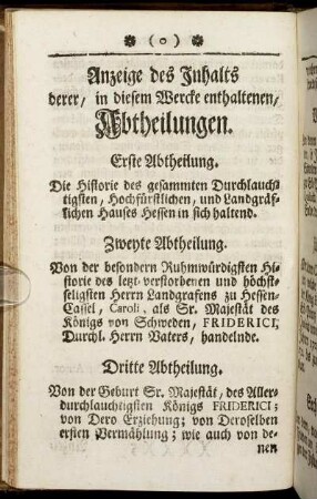 Anzeige des Inhalts derer, in diesem Wercke enthaltenen Abtheilungen.