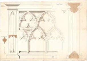 Leimbach, Karl; Palling; Pfarrkirche - Kommunion - Bank (Detail, Schnitt, Querschnitt); Maßwerk - Profil an den Türen (Schnitt)
