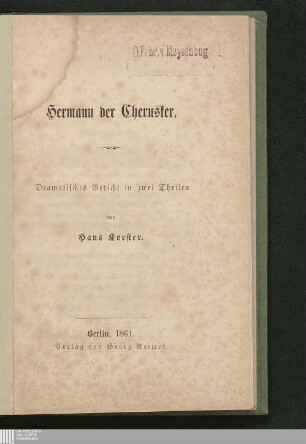 Hermann der Cherusker : dramatisches Gedicht in 2 Theilen