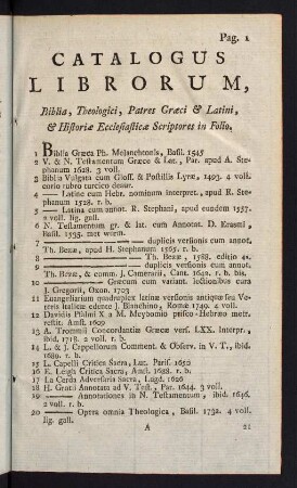 1-23, Biblia, Theologici, Patres Graeci & Latini, & Historiae Ecclesiasticae Scriptores in Folio - Grammatici, Lexicographi aliique Litteratores Graeci & Latini Veteres & Recentiores, in Folio
