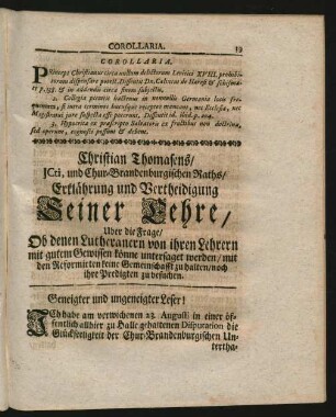 Christian Thomasens/ Icti, und Chur-Brandenburgischen Raths/ Erklährung und Vertheidigung Seiner Lehre